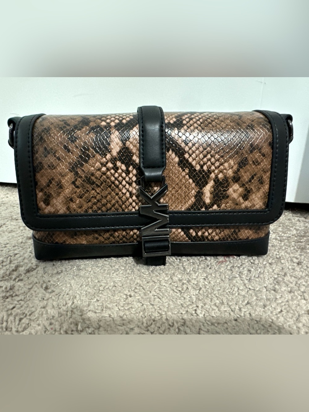 Cool Michael Kors brown black snake print leather guitar strap crossbody bag new